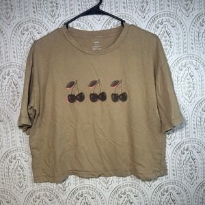 Aerie Women's Small Distressed Cherry Oversized Crop‎ Top Tan 100% Cotton